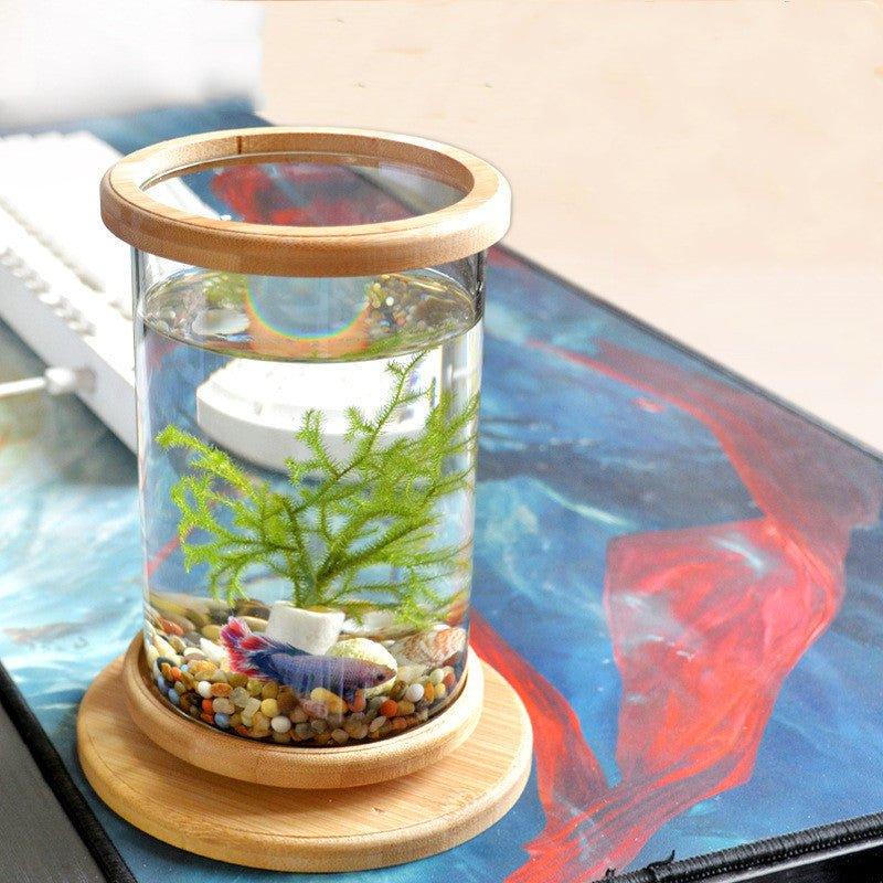 Small Office Glass Aquarium Bamboo Base Mini Fish Tank Decoration Fish Bowl - Pampered Pets