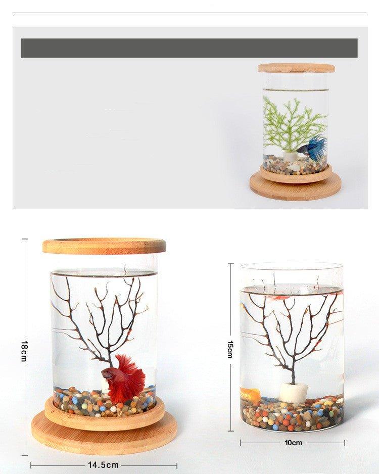 Small Office Glass Aquarium Bamboo Base Mini Fish Tank Decoration Fish Bowl - Pampered Pets