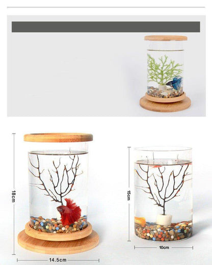 Small Office Glass Aquarium Bamboo Base Mini Fish Tank Decoration Fish Bowl - Pampered Pets