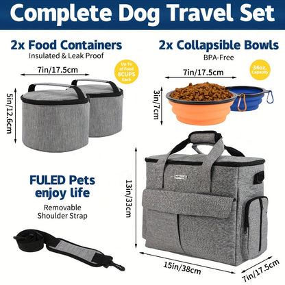 Large 5 PCS Dog Travel Bag for Supplies, Weekend Pet Travel Set for Dog and Cat, Airline Approved Tote Organizer with Multi-Function Pockets 2 Pet Food Containers and 2 Collapsible Silicone Bowls(Grey) - Pampered Pets