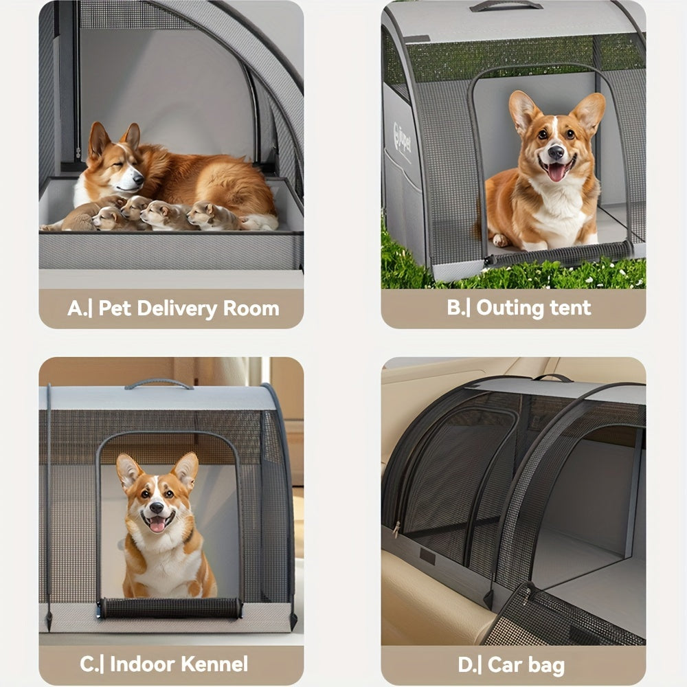 Nylon Portable Pet Crate for Car Travel, Folding Dog Kennel with Roll-Up Mosquito Net, Scratch-Resistant Mesh, Easy Assembly, Spacious 2-Room & 1-Living Room Design for Small to Medium Dogs - Pampered Pets