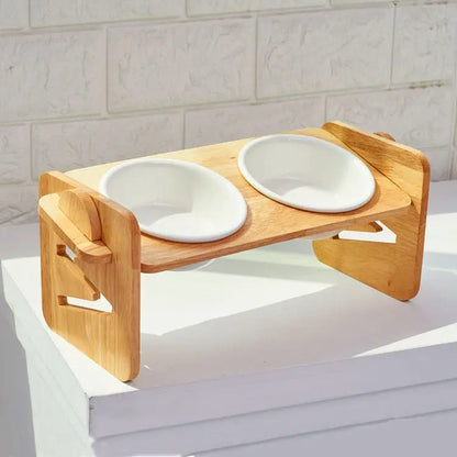 1/2 bowls pets double bowl dog cat food water feeder stand raised ceramic dish bowl wooden table pet supplies - 9