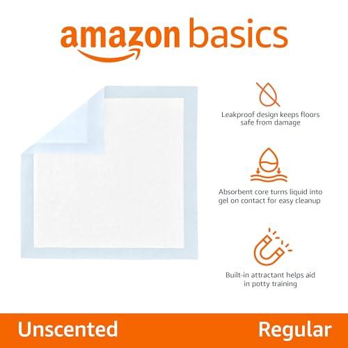 Amazon Basics Dog and Puppy Pee Pads with Leak-Proof Quick-Dry Design for Potty Training, Standard Absorbency, Regular Size, 22 x 22 Inches, Pack of 100, Blue & White - Pampered Pets