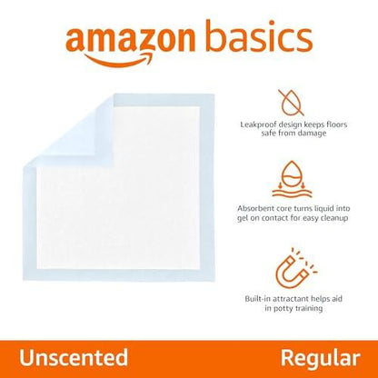 Amazon Basics Dog and Puppy Pee Pads with Leak-Proof Quick-Dry Design for Potty Training, Standard Absorbency, Regular Size, 22 x 22 Inches, Pack of 100, Blue & White - Pampered Pets