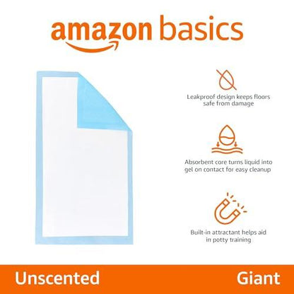 Amazon Basics Dog and Puppy Pee Pads with Leak-Proof Quick-Dry Design for Potty Training, Standard Absorbency, Regular Size, 22 x 22 Inches, Pack of 100, Blue & White - Pampered Pets