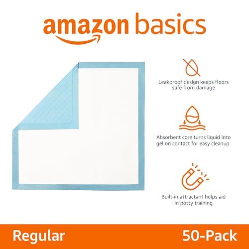 Amazon Basics Dog and Puppy Pee Pads with Leak-Proof Quick-Dry Design for Potty Training, Standard Absorbency, Regular Size, 22 x 22 Inches, Pack of 100, Blue & White - Pampered Pets