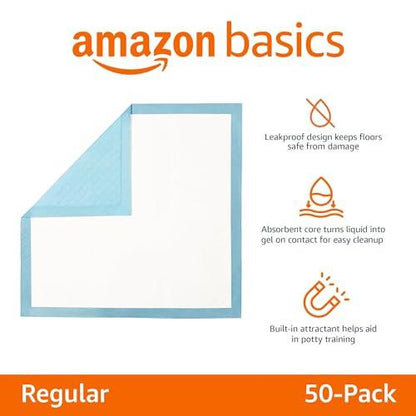 Amazon Basics Dog and Puppy Pee Pads with Leak-Proof Quick-Dry Design for Potty Training, Standard Absorbency, Regular Size, 22 x 22 Inches, Pack of 100, Blue & White - Pampered Pets