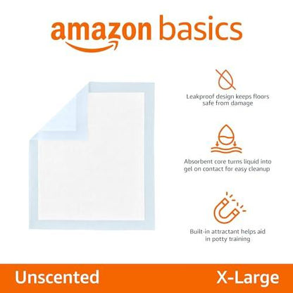 Amazon Basics Dog and Puppy Pee Pads with Leak-Proof Quick-Dry Design for Potty Training, Standard Absorbency, Regular Size, 22 x 22 Inches, Pack of 100, Blue & White - Pampered Pets