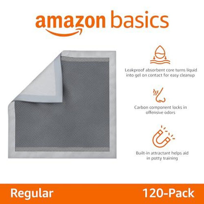 Amazon Basics Dog and Puppy Pee Pads with Leak-Proof Quick-Dry Design for Potty Training, Standard Absorbency, Regular Size, 22 x 22 Inches, Pack of 100, Blue & White - Pampered Pets