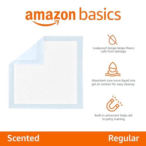 Amazon Basics Dog and Puppy Pee Pads with Leak-Proof Quick-Dry Design for Potty Training, Standard Absorbency, Regular Size, 22 x 22 Inches, Pack of 100, Blue & White - Pampered Pets