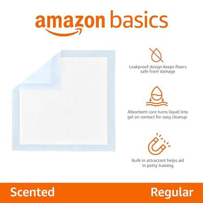 Amazon Basics Dog and Puppy Pee Pads with Leak-Proof Quick-Dry Design for Potty Training, Standard Absorbency, Regular Size, 22 x 22 Inches, Pack of 100, Blue & White - Pampered Pets