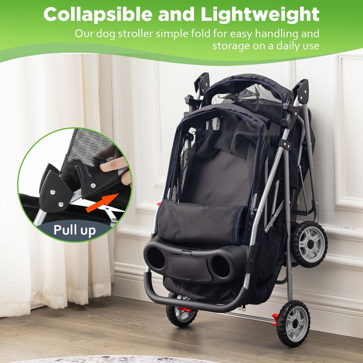 Pet Stroller Double Deck with Dual 4-Wheel Dog Cat Stroller Puppy for Small and Medium-Sized Pet Folding Portable Handcart with Cup Holder