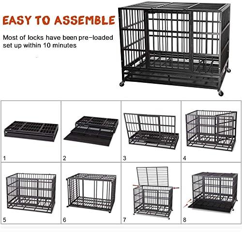 LEMBERI 48/38 inch Heavy Duty Indestructible Dog Crate, Escape Proof Dog Cage Kennel with Lockable Wheels,High Anxiety Double Door,Extra Large Crate Indoor for Large Dog with Removable Tray - Pampered Pets