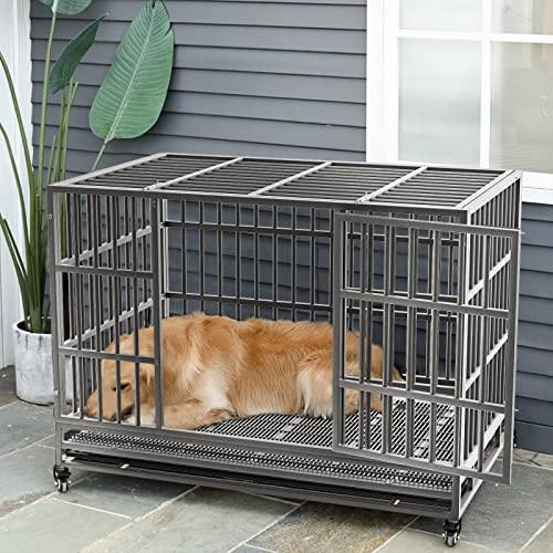 LEMBERI 48/38 inch Heavy Duty Indestructible Dog Crate, Escape Proof Dog Cage Kennel with Lockable Wheels,High Anxiety Double Door,Extra Large Crate Indoor for Large Dog with Removable Tray - Pampered Pets