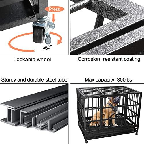 LEMBERI 48/38 inch Heavy Duty Indestructible Dog Crate, Escape Proof Dog Cage Kennel with Lockable Wheels,High Anxiety Double Door,Extra Large Crate Indoor for Large Dog with Removable Tray - Pampered Pets