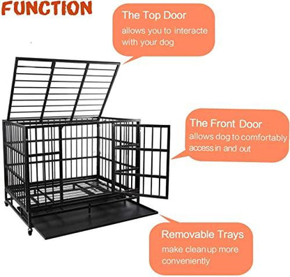 LEMBERI 48/38 inch Heavy Duty Indestructible Dog Crate, Escape Proof Dog Cage Kennel with Lockable Wheels,High Anxiety Double Door,Extra Large Crate Indoor for Large Dog with Removable Tray - Pampered Pets