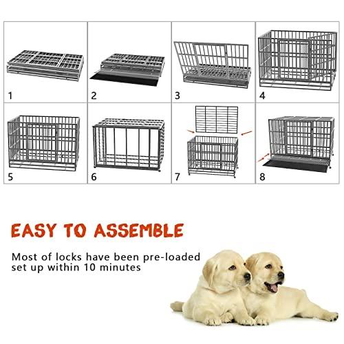 LEMBERI 48/38 inch Heavy Duty Indestructible Dog Crate, Escape Proof Dog Cage Kennel with Lockable Wheels,High Anxiety Double Door,Extra Large Crate Indoor for Large Dog with Removable Tray - Pampered Pets