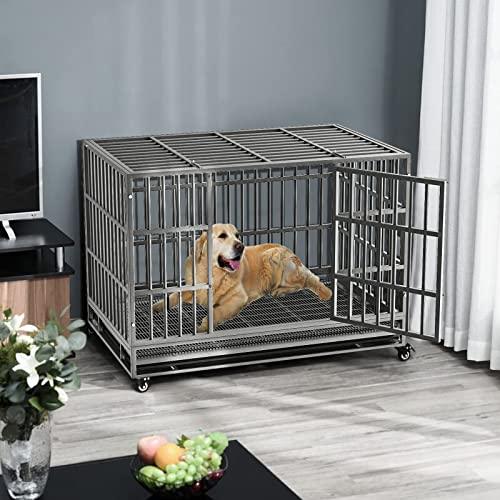 LEMBERI 48/38 inch Heavy Duty Indestructible Dog Crate, Escape Proof Dog Cage Kennel with Lockable Wheels,High Anxiety Double Door,Extra Large Crate Indoor for Large Dog with Removable Tray - Pampered Pets