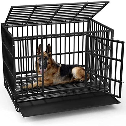 LEMBERI 48/38 inch Heavy Duty Indestructible Dog Crate, Escape Proof Dog Cage Kennel with Lockable Wheels,High Anxiety Double Door,Extra Large Crate Indoor for Large Dog with Removable Tray - Pampered Pets