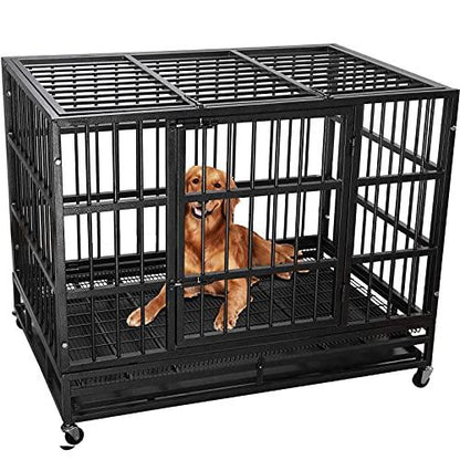 LEMBERI 48/38 inch Heavy Duty Indestructible Dog Crate, Escape Proof Dog Cage Kennel with Lockable Wheels,High Anxiety Double Door,Extra Large Crate Indoor for Large Dog with Removable Tray - Pampered Pets