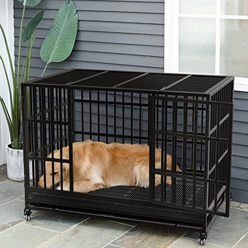 LEMBERI 48/38 inch Heavy Duty Indestructible Dog Crate, Escape Proof Dog Cage Kennel with Lockable Wheels,High Anxiety Double Door,Extra Large Crate Indoor for Large Dog with Removable Tray - Pampered Pets