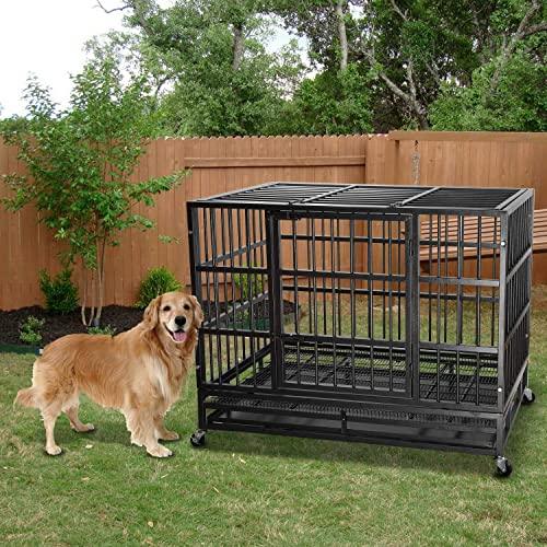 LEMBERI 48/38 inch Heavy Duty Indestructible Dog Crate, Escape Proof Dog Cage Kennel with Lockable Wheels,High Anxiety Double Door,Extra Large Crate Indoor for Large Dog with Removable Tray - Pampered Pets