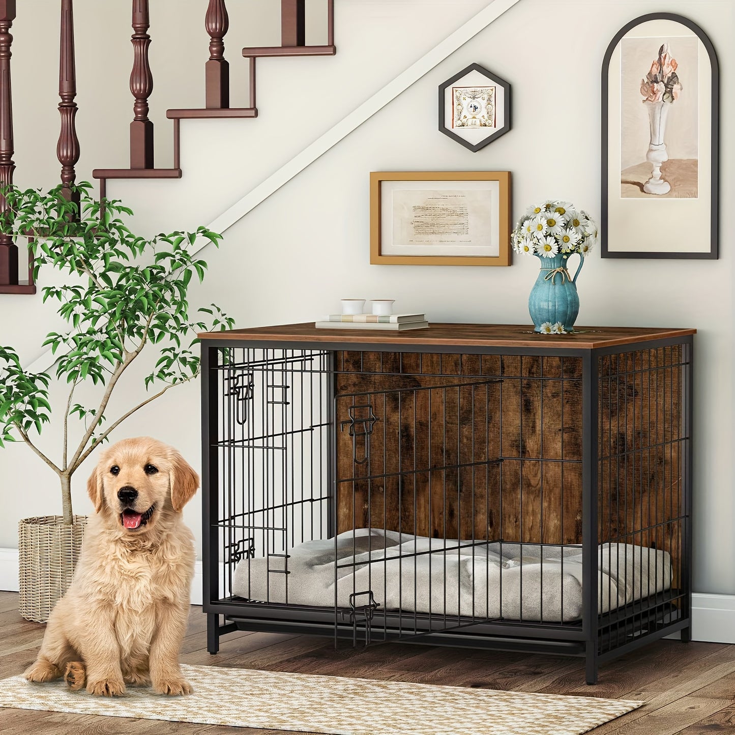 Boloni Dog Crate Furniture with Double Doors, Indoor Dog Kennel Furniture with Removable Tray for Small Medium Dogs, Rustic Brown