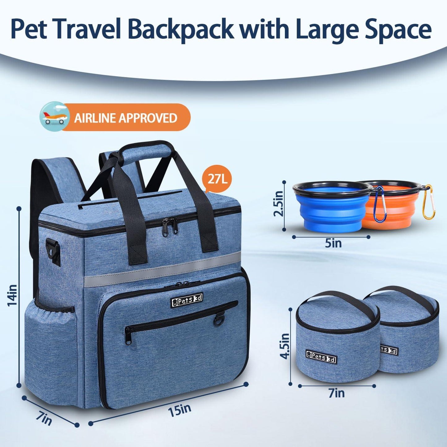 Petskd Dog Travel Bag for Supplies, 27L Large Space Pet Organizer Backpack, Airline Approved Dog Weekend Bag with Multi-Function Pockets for Overnight Camping with 2 Food Containers, 2 Bowls (Grey) - Pampered Pets