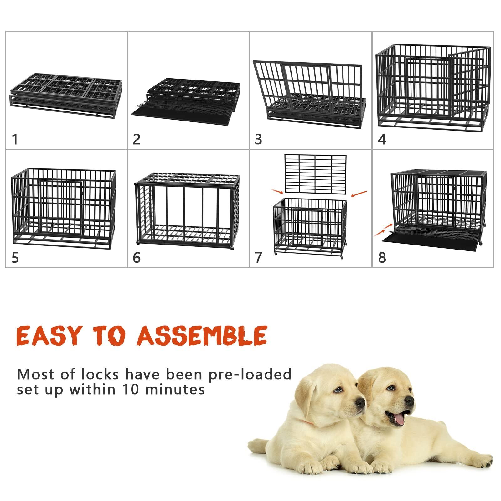 LEMBERI 48/38 inch Heavy Duty Indestructible Dog Crate, Escape Proof Dog Cage Kennel with Lockable Wheels,High Anxiety Double Door,Extra Large Crate Indoor for Large Dog with Removable Tray - Pampered Pets