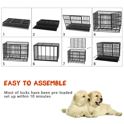 LEMBERI 48/38 inch Heavy Duty Indestructible Dog Crate, Escape Proof Dog Cage Kennel with Lockable Wheels,High Anxiety Double Door,Extra Large Crate Indoor for Large Dog with Removable Tray - Pampered Pets