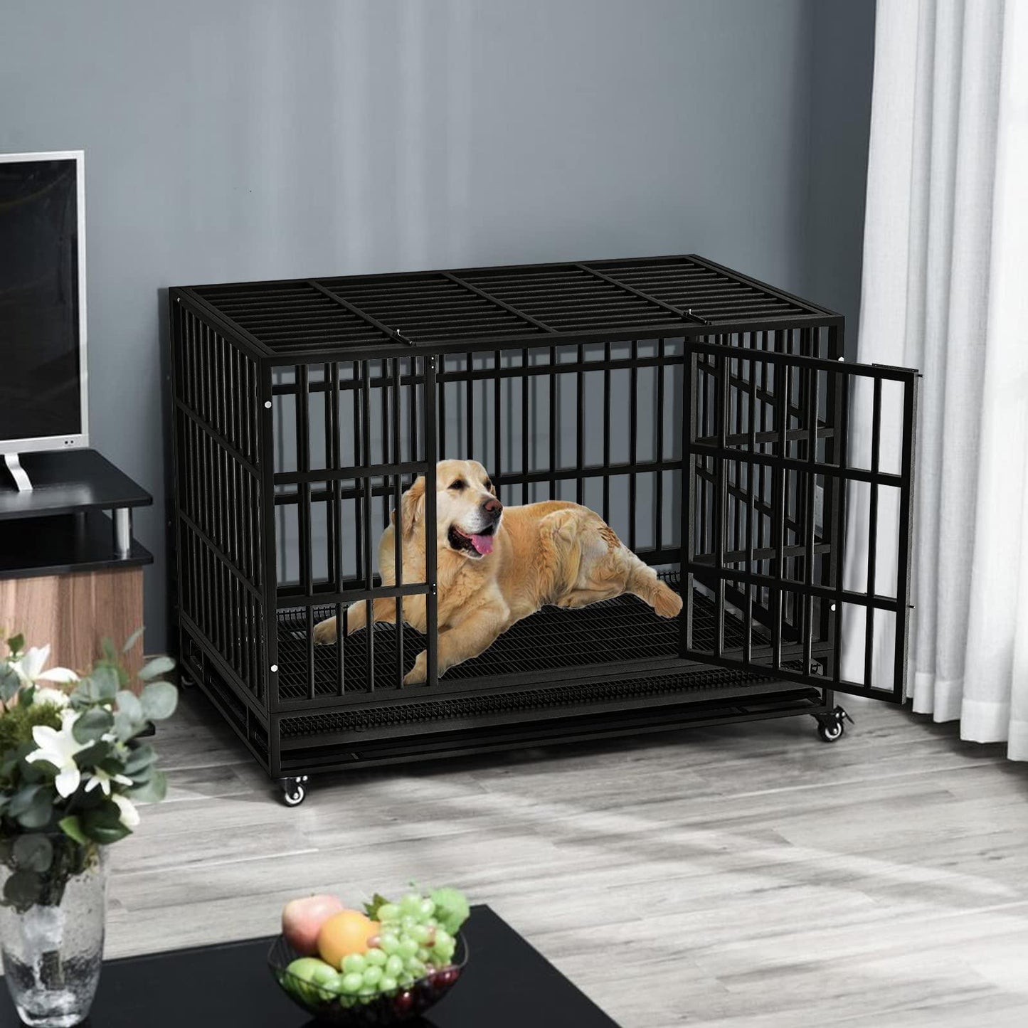 LEMBERI 48/38 inch Heavy Duty Indestructible Dog Crate, Escape Proof Dog Cage Kennel with Lockable Wheels,High Anxiety Double Door,Extra Large Crate Indoor for Large Dog with Removable Tray - Pampered Pets