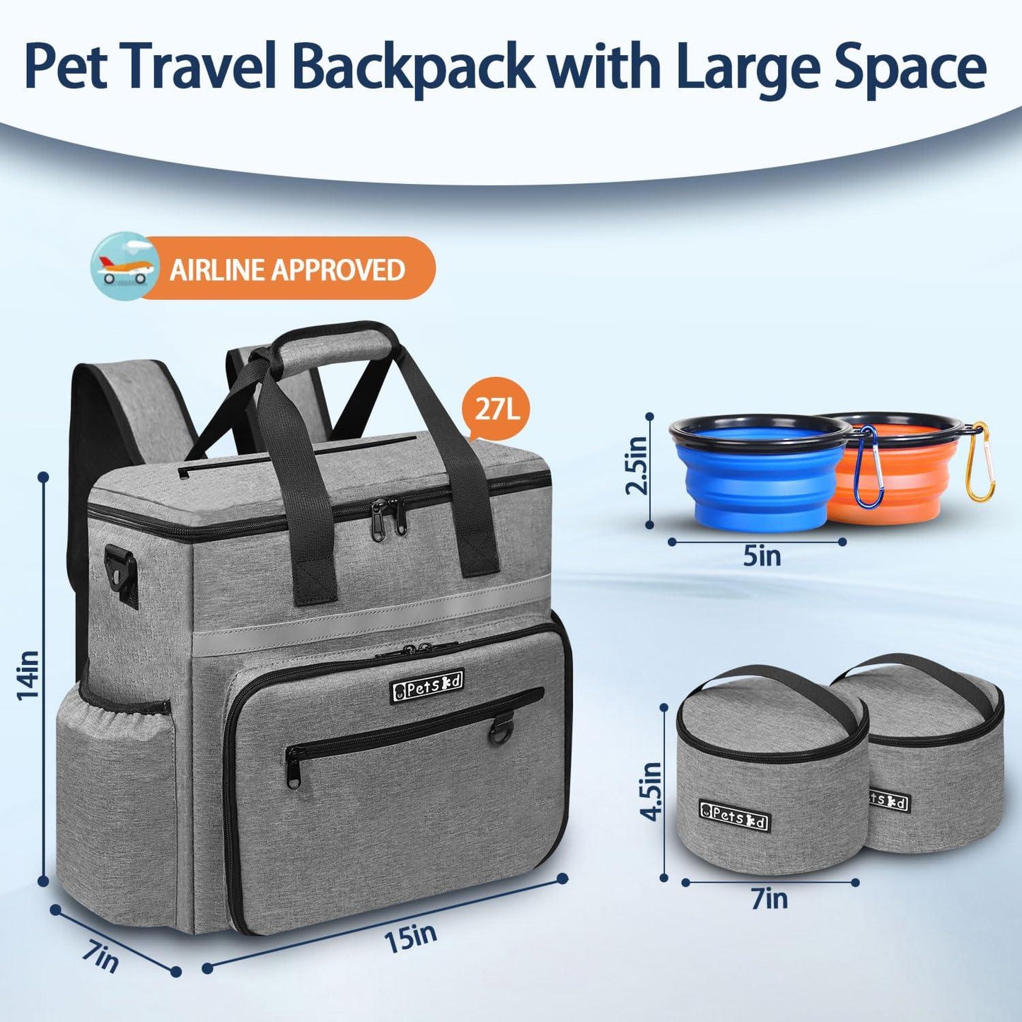 Petskd Dog Travel Bag for Supplies, 27L Large Space Pet Organizer Backpack, Airline Approved Dog Weekend Bag with Multi-Function Pockets for Overnight Camping with 2 Food Containers, 2 Bowls (Grey) - Pampered Pets