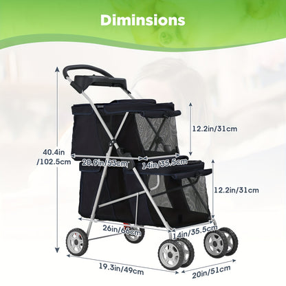 Pet Stroller Double Deck with Dual 4-Wheel Dog Cat Stroller Puppy for Small and Medium-Sized Pet Folding Portable Handcart with Cup Holder