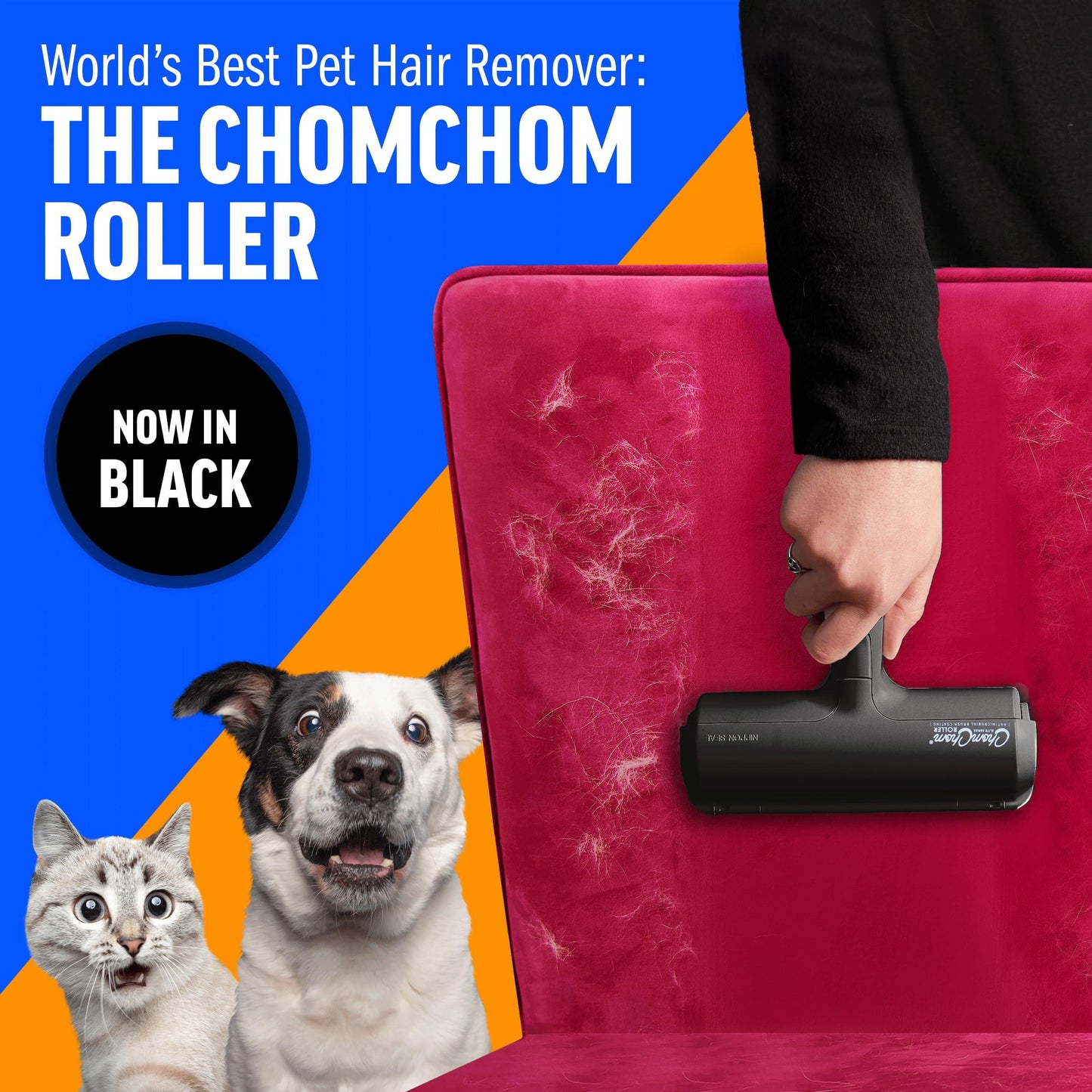 Chom Chom Roller Pet Hair Remover and Reusable Lint Roller - ChomChom Cat and Dog Hair Remover for Furniture, Couch, Carpet, Clothing and Bedding - Portable, Multi-Surface Fur Removal Tool - Pampered Pets