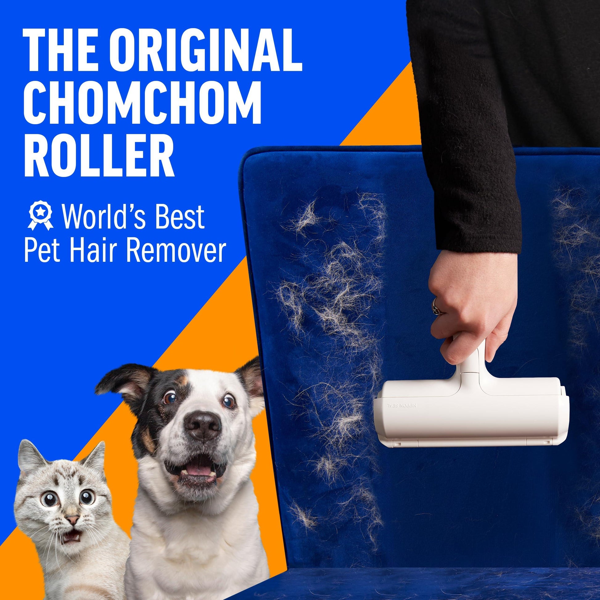 Chom Chom Roller Pet Hair Remover and Reusable Lint Roller - ChomChom Cat and Dog Hair Remover for Furniture, Couch, Carpet, Clothing and Bedding - Portable, Multi-Surface Fur Removal Tool - Pampered Pets