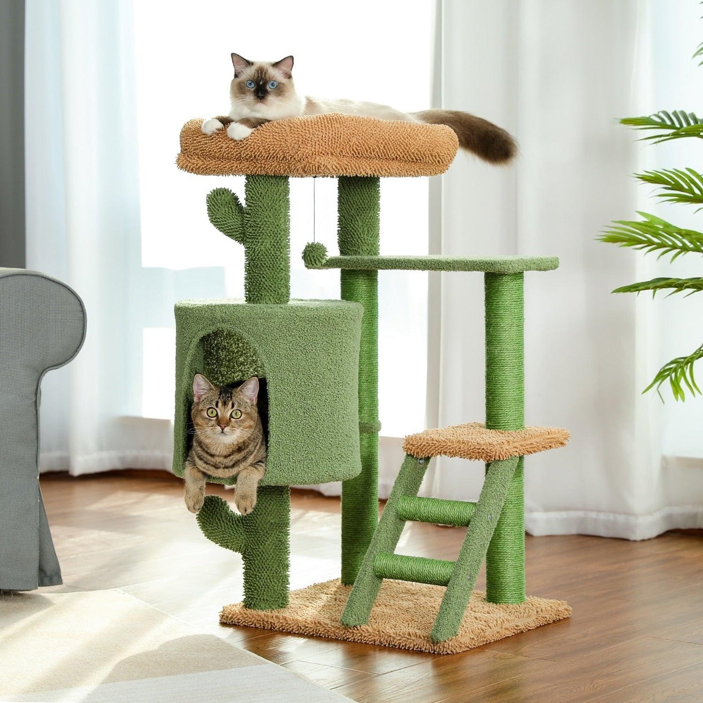 H90.5CM Cactus Cat Tree with Natural Sisal Scratching Post Board for Cat Perch Condo Kitty Play House rascador gato arbre à chat - Pampered Pets