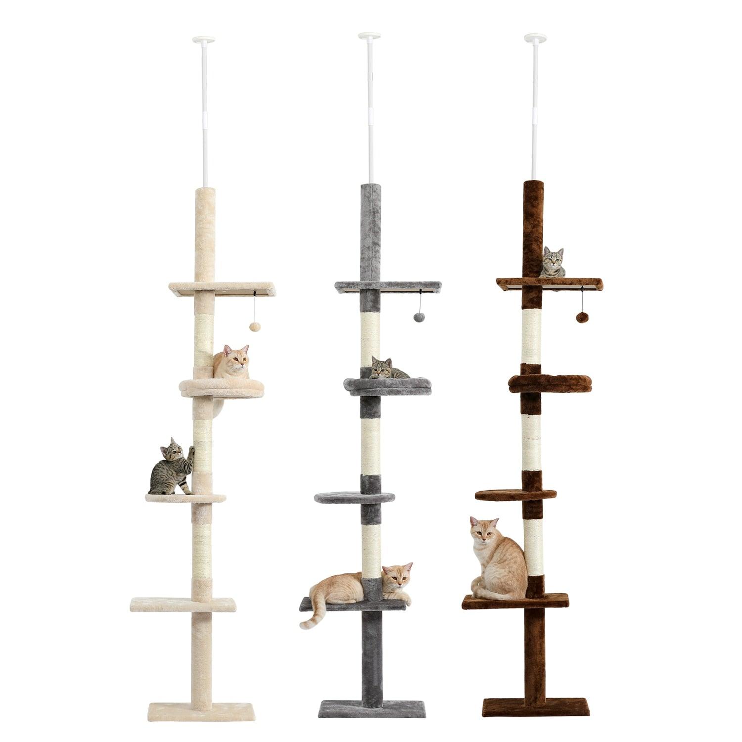 Four Tier Floor-to-Ceiling Cat Tree + Scratching Post Toy- 94.5-102.4 in Modern Cat Climbing Tower with a Scratcher Beige - Pampered Pets