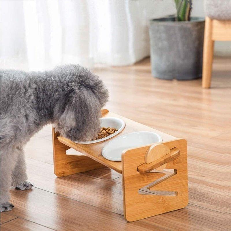 Pets Double Bowls Dog Cat Food Water Feeder Ceramic Dish Bowl Bamboo Rack Cats Feeding Dishes Dogs Drink Bowl Pet Supplies new - Pampered Pets