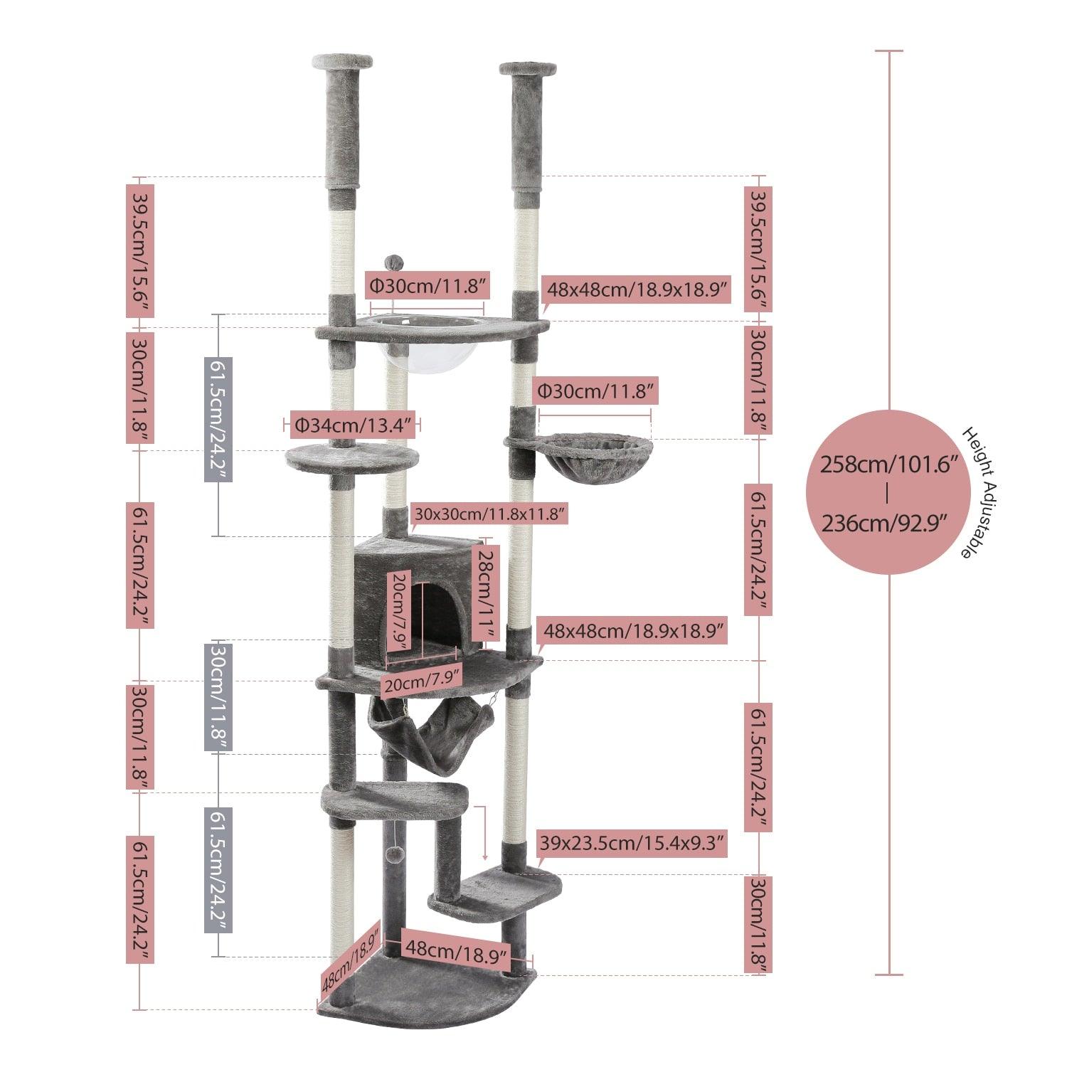 Tall Cat Tree Tower with Scratching Post Adjustable Height Multi-layer Platform with Soft Hammocks Condo Transparent Nest - Pampered Pets