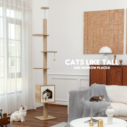 Four Tier Floor-to-Ceiling Cat Tree + Scratching Post Toy- 94.5-102.4 in Modern Cat Climbing Tower with a Scratcher Beige - Pampered Pets