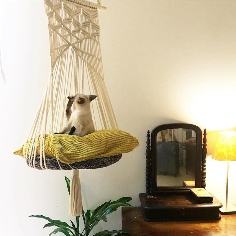 Boho Cat Swing Cage Handmade Macrame Pets Support Nordic Pet House Cats Hanging Sleep Chair Seats Toy Four Seasons Available | Pampered Pets