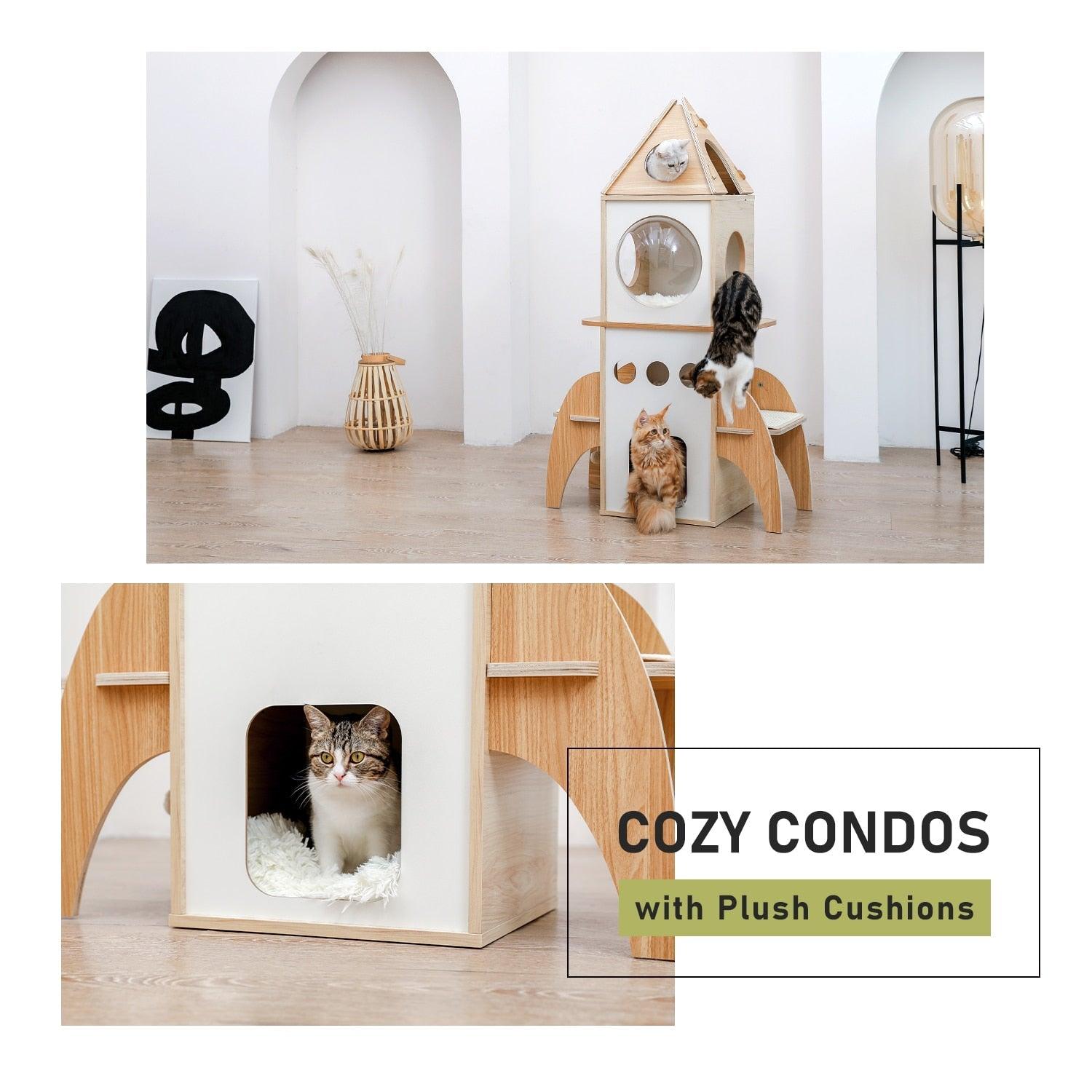 Modern Multilevel Cat Tree Scratching Sisal Posts Wooden Cat Towel Climbing Frame with Cozy Condos Luxury Nest - Pampered Pets