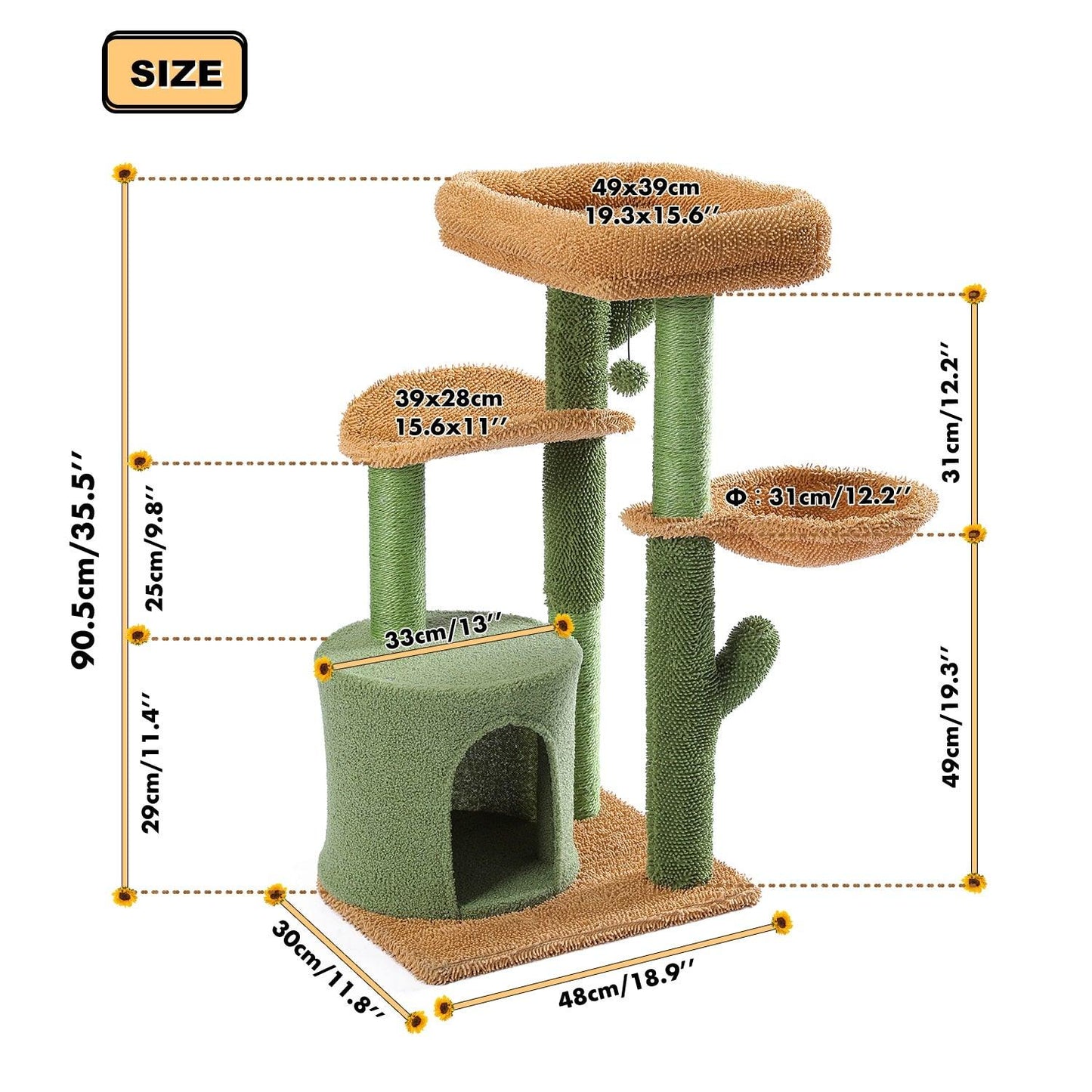 H90.5CM Cactus Cat Tree with Natural Sisal Scratching Post Board for Cat Perch Condo Kitty Play House rascador gato arbre à chat - Pampered Pets