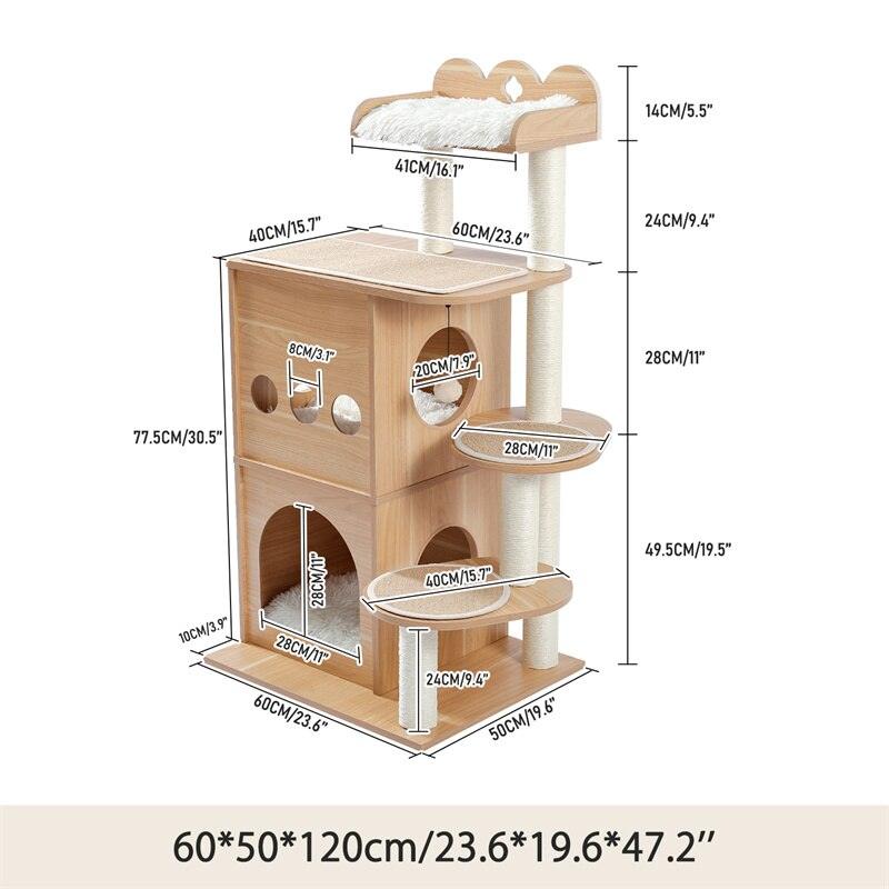 Modern Multilevel Cat Tree Scratching Sisal Posts Wooden Cat Towel Climbing Frame with Cozy Condos Luxury Nest - Pampered Pets