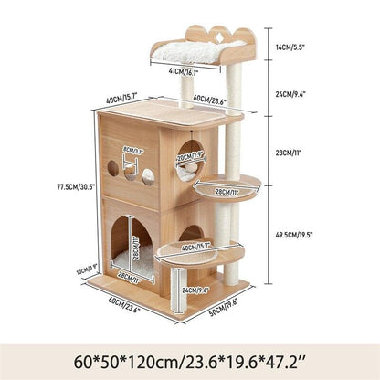 Modern Multilevel Cat Tree Scratching Sisal Posts Wooden Cat Towel Climbing Frame with Cozy Condos Luxury Nest - Pampered Pets