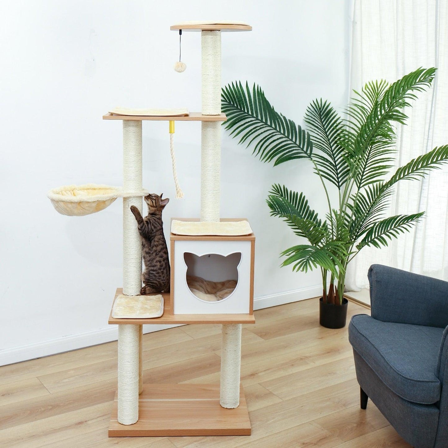 Fast Delivery Pet Cat Tree House Tower Condo Wood Cat Scratching Sisal-Covered Scratch Posts Pads with Play Ball for Cats Kitten - Pampered Pets