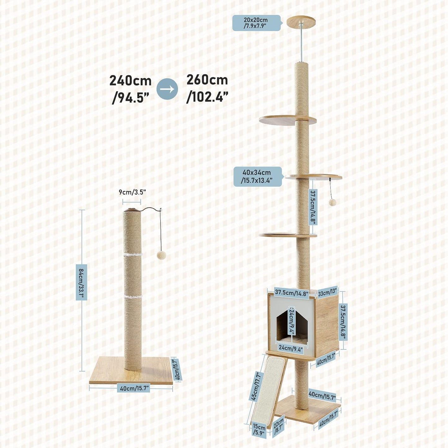 Four Tier Floor-to-Ceiling Cat Tree + Scratching Post Toy- 94.5-102.4 in Modern Cat Climbing Tower with a Scratcher Beige - Pampered Pets