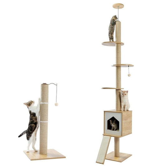 Four Tier Floor-to-Ceiling Cat Tree + Scratching Post Toy- 94.5-102.4 in Modern Cat Climbing Tower with a Scratcher Beige - Pampered Pets