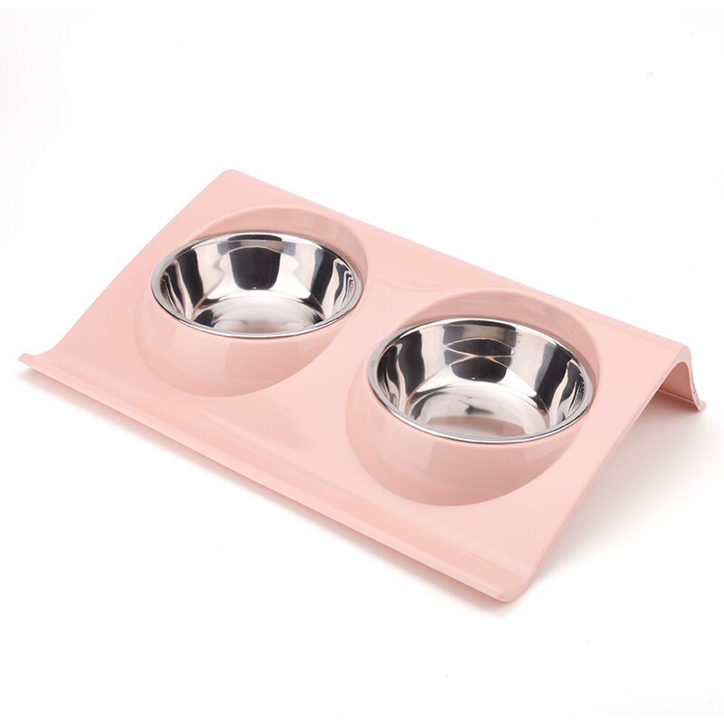 Pet Double Bowl Food Feeder Stainless Steel Cat Food Bowl Splash-proof Food Slope Plastic Non-slip Pet Dog Bowl Pet Supplies - Pampered Pets