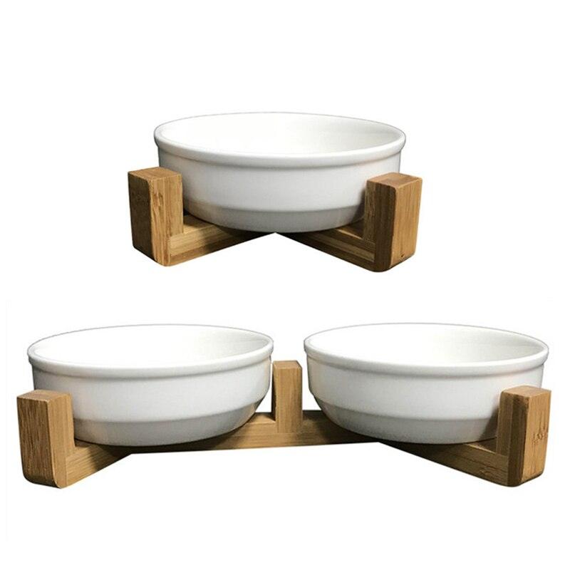 Pets Double Bowls Dog Cat Food Water Feeder Ceramic Dish Bowl Bamboo Rack Cats Feeding Dishes Dogs Drink Bowl Pet Supplies new - Pampered Pets